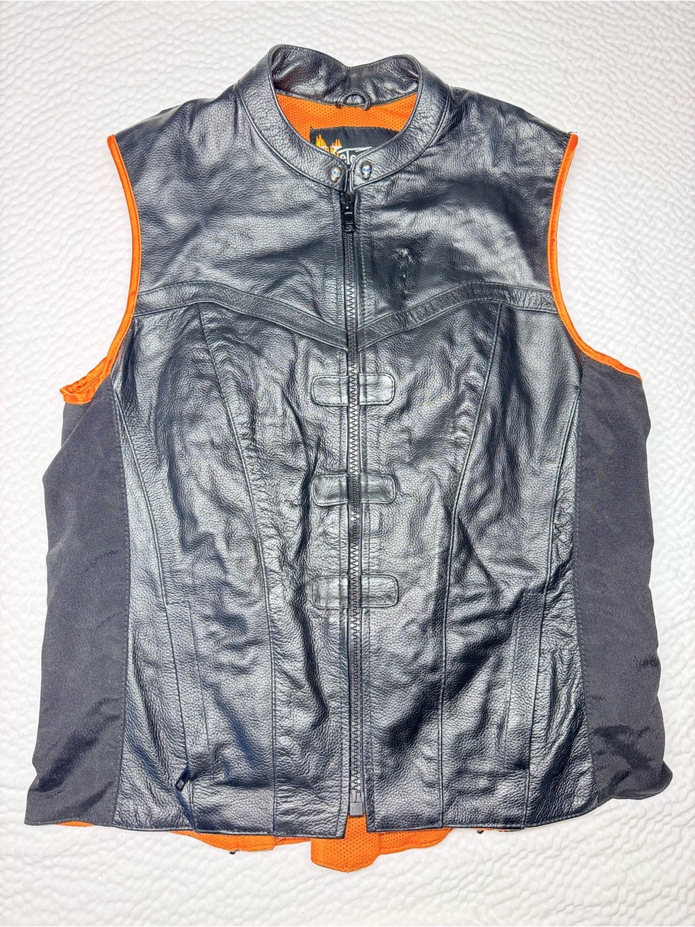 Xelement Leather Motorcycle Riding Vest Medium Black Orange Mesh Lace Up Back